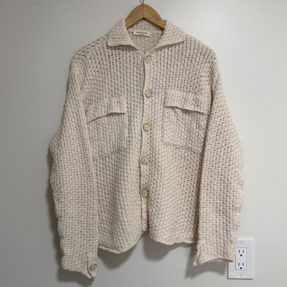 Phil Petter Cotton Linen Basketweave Knit Shirt Jacket Mens M Cream Quiet Luxury